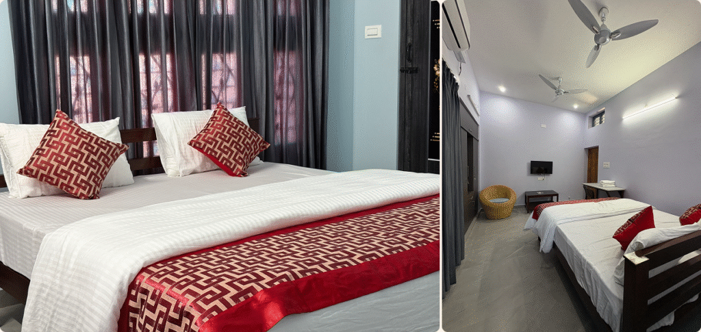 Comfortable rooms with a massive shared hall, sky-walk restroom, and open corridor. Ideal for groups, retreats, or family stays.